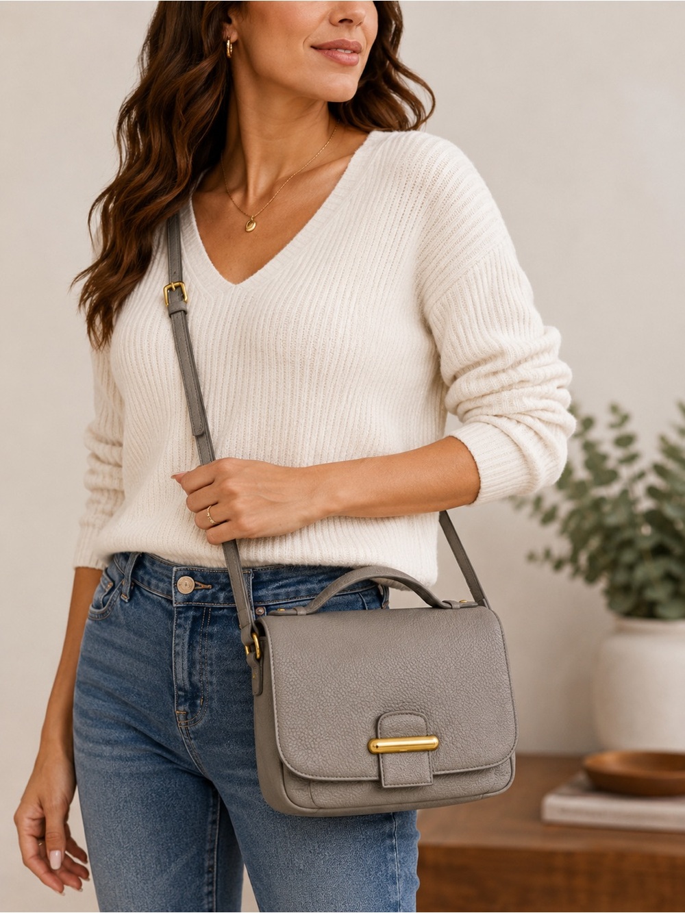 Fossil Tatum Gray Pebbled Leather Crossbody Bag Gold Hardware Adjustable Strap